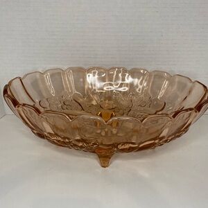 Vtg Indiana Glass Pink Depression Glass Oval Fruit Bowl with 4 Feet Embossed